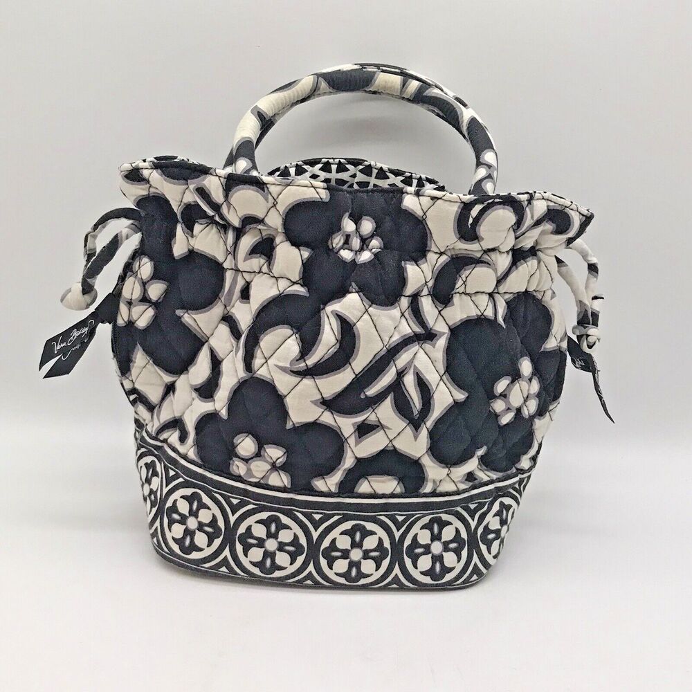 VERA BRADLEY Night & Day Draw String Satchel Black & White Double Handle Purse - Picture 2 of 10